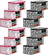 Fun Homes Metalic Leafy,Flower Print 12 Piece Non Woven Fabric Saree Cover/Clothes Organiser For Wardrobe Set with Transparent Window, Extra Large (Black & Pink)-FUHHNH16577