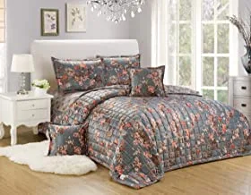 Double Sided Velvet Comforter set For All Season, 6 Pcs Soft Bedding Set, King Size (220 X 240 Cm), Modern Spiral Print And Geometric Stitched Design, BL, Grey