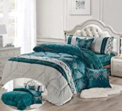 Warm And Fluffy Winter Velvet Fur Reversible Comforter Set, King Size (220 X 240 Cm) 6 Pcs Soft Bedding Set, Over Sized Rose Floral Design, Jsnh-3, Silver