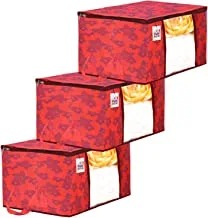 Fun Homes Metalic Printed 3 Pieces Non Woven Fabric Underbed Storage Bag,Cloth Organiser,Blanket Cover with Transparent Window (Red), pack of 3 (Fun0255)