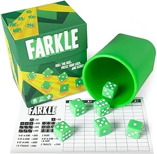 Brybelly Farkle: The Classic Family Dice Game | Set Includes Dice Cup, Set of 6 Green Dice, 25 Scorecards, and Storage Box, One Size