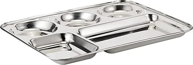 Raj Stainless Steel Divided Dinner Plate in Rectangular Section Food Tray 5 Sectional Dish Partitioned Food Serving Platter, 33.5 cm, SIT001, DINNER PLATE, SERVEWARE, SERVING PLATE, RICE PLATE