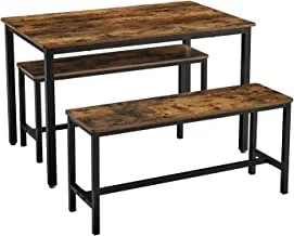 Mahmayi Dining Table with 2 Benches, 3 Pieces Set, Kitchen Table of 110 x 70 x 75 cm, 2 Benches of 97 x 30 x 50 cm Each, Steel Frame, Industrial Design, Rustic Brown and Black KDT070B01