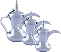 Al Saif 5657/S3 3 Pieces Stainless Steel Arabic Coffee Dallah Set, 26/32/48 OZ, Silver