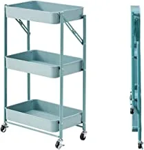 3 Tier Utility Rolling Cart Foldable Metal Cart With Caster Wheels Rolling Multifunction Storage Unit With Locking Wheels For Bathroom Kitchen Office Balcony Living Room (Blue)