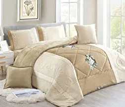 Soft, Warm And Fluffy Winter Velvet Fur Comforter Set, King Size (240 X 260 Cm) 6 Pcs Cozy Bedding Set, Vertical Greek Ornament Pattern Borders Dual Color Floral, Dtb, Beige