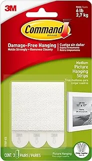 Command 17201-ES Picture Hanging Strips, Medium, Holds 4 Kg. whole pack, White color, Decorate Damage-Free. 3 pairs/pack