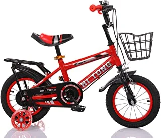 ZHITONG Children's Bike With Flash Training Wheels & Metal Basket 12 Inch, Red