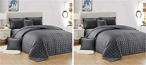 Pack Of 2 Double Sided Velvet Comforter Set For All Season, King Size (220 X 240 Cm) 6 Pcs Soft Bedding Set, Classic Double Side Square Stitched Design, Sc, Dark Grey