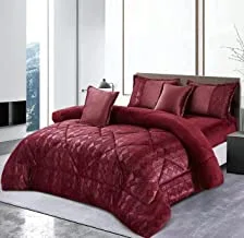 Ming Li Warm And Fluffy Winter Velvet Fur Reversible Comforter Set, King Size (220 X 240 Cm) 6 Pcs Soft Bedding Set, Big Box Stitch Pattern Solid Color, Red