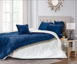 Cozy And Warm Winter Velvet Fur Comforter Set, Single Size (160 X 210 Cm) 4 Pcs Soft Dual Color Bedding Set, Diamond Cut Stitched, Embossed Floral And Embroidery Design, Lscm, Blue/White