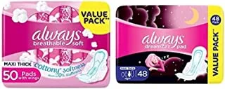 Always Breathable Soft Maxi Thick, Large sanitary pads with wings, 50 ct + Always Dreamzz Pad Cotton Soft Maxi Thick, Night Long Sanitary Pads With Wings, 48 Count