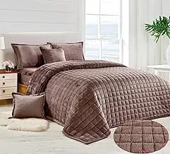Soft Cozy Velvet Sherpa Fleece Reversible Winter Comforter Set, King Size (220 X 240 Cm) 6 Pcs Warm Bedding Set, Square Stitched Pattern, Srx, Brown