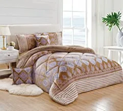Warm And Fluffy Winter Velvet Fur Reversible Comforter Set, Single Size (160 X 210 Cm) 4 Pcs Soft Bedding Set, Diamond Stitched Floral Pattern, Lhmr, Gold