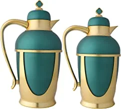 Al Saif Metal 2 Pieces Coffee And Tea Vacuum Flask Set Size: 0.7/1.0 Liter, Color: Green/Gold