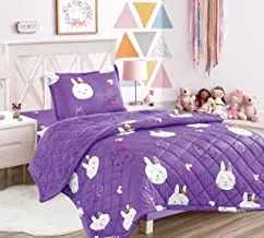 Kids Winter Soft Velvet Flannel Sherpa Fleece Comforter Set 3 Piece Single Size (160 X 210 Cm), Bedding Set For Girls And Boys, Geometrical Stitched Cute Cat Print Design, Crkt, Purple