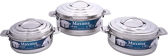 MAXIMA 3PCs Stainless-Steel Hotpot With Two Handles | Insulated Bowl Great Bowl for Holiday & Dinner | Keeps Food Hot & Fresh for Long Hours, silver