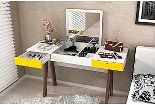 Tecnomobili wooden dressing table with 2 drawers and pull up mirror, white & yellow, size: 75.5 cm*131.5 cm*52 cm