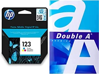 HP 123 Tri-color Ink Cartridge, Cyan/Magenta/Yellow - F6V16AE & Double A Photocopy A4 Size 80GSM Paper - 500 Sheets, White