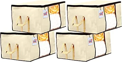 Fun Homes 4 Pieces Non Woven Fabric Underbed Storage Bag,Cloth Organiser,Blanket Cover with Transparent Window (Ivory), pack of 4 (Fun0380)