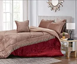 Cozy And Warm Winter Velvet Fur Comforter Set, King Size (220 X 240 Cm) 6 Pcs Soft Bedding Set, Modern Floral Pattern, Mix2, Beige