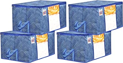 Fun Homes Leheriya Printed 4 Pieces Non Woven Fabric Underbed Storage Bag,Cloth Organiser,Blanket Cover with Transparent Window (Blue)