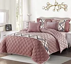 Double Sided Velvet Comforter Set For All Season, 6 Pcs Soft Bedding Set, King Size (220 X 240 Cm), Modern Spiral Print And Geometric Stitched Design, Bl, Brown