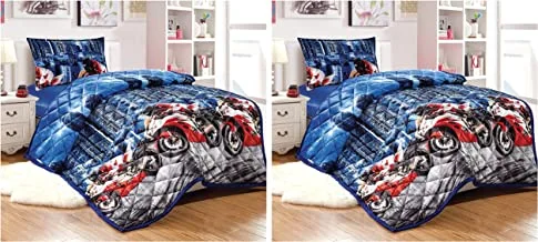 Pack of 2 Kids All Season Reversible Soft Velvet Flannel Comforter Set 3 Pcs Single Size (150 X 200 Cm) Boys Or Girls Bedding Set, Double Sided Geometric Stitched With Super Bikes Print, Multicolor