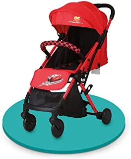 Disney Cars Lightning McQueen Travel Stroller | 0-36 months, Compact Design, Storage Basket, Rear Breaks, Travel Compatible, Trolley Handle and More, RED