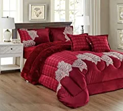 Warm And Fluffy Winter Velvet Fur Reversible Comforter Set, Single Size (160 X 210 Cm) 4 Pcs Soft Bedding Set, Over Sized Rose Floral Design, Jsnh-2, Red