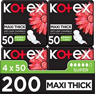 Kotex Maxi Protect Thick Pads, Super Size Sanitary Pads with Wings, 200 Sanitary Pads
