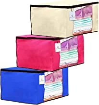 KUBER INDUSTRIES طقم منظم ملابس من القماش غير المنسوج من 3 قطع مع نافذة شفافة ، كبير جدًا ، عاجي ، أزرق ملكي ، وردي ، 43 سم × 35 سم × 22 سم