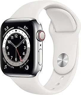 Apple Watch Series 6 (GPS + Cellular، 40mm) - هيكل فضي من الفولاذ المقاوم للصدأ مع حزام رياضي أبيض