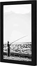 LOWHA Man Standing Near Seashore Holding Fishing Rod Wall art wooden frame Black color 23x33cm By LOWHA