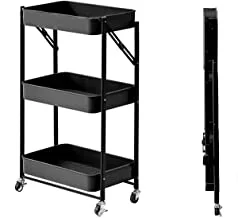 ECVV 3 Tier Utility Rolling Cart Foldable Metal Cart With Caster Wheels Rolling Multifunction Storage Unit With Locking Wheels For Bathroom Kitchen Office Balcony Living Room Black, Kcart01-BK