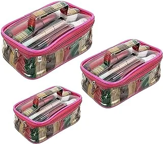 Fun Homes Portable Transparent Travel Storage Carry Pouch PVC Zippered Toiletry Bag Organizers With Handle for Vacation Travel, Bathroom-Pack of 3 (Pink)