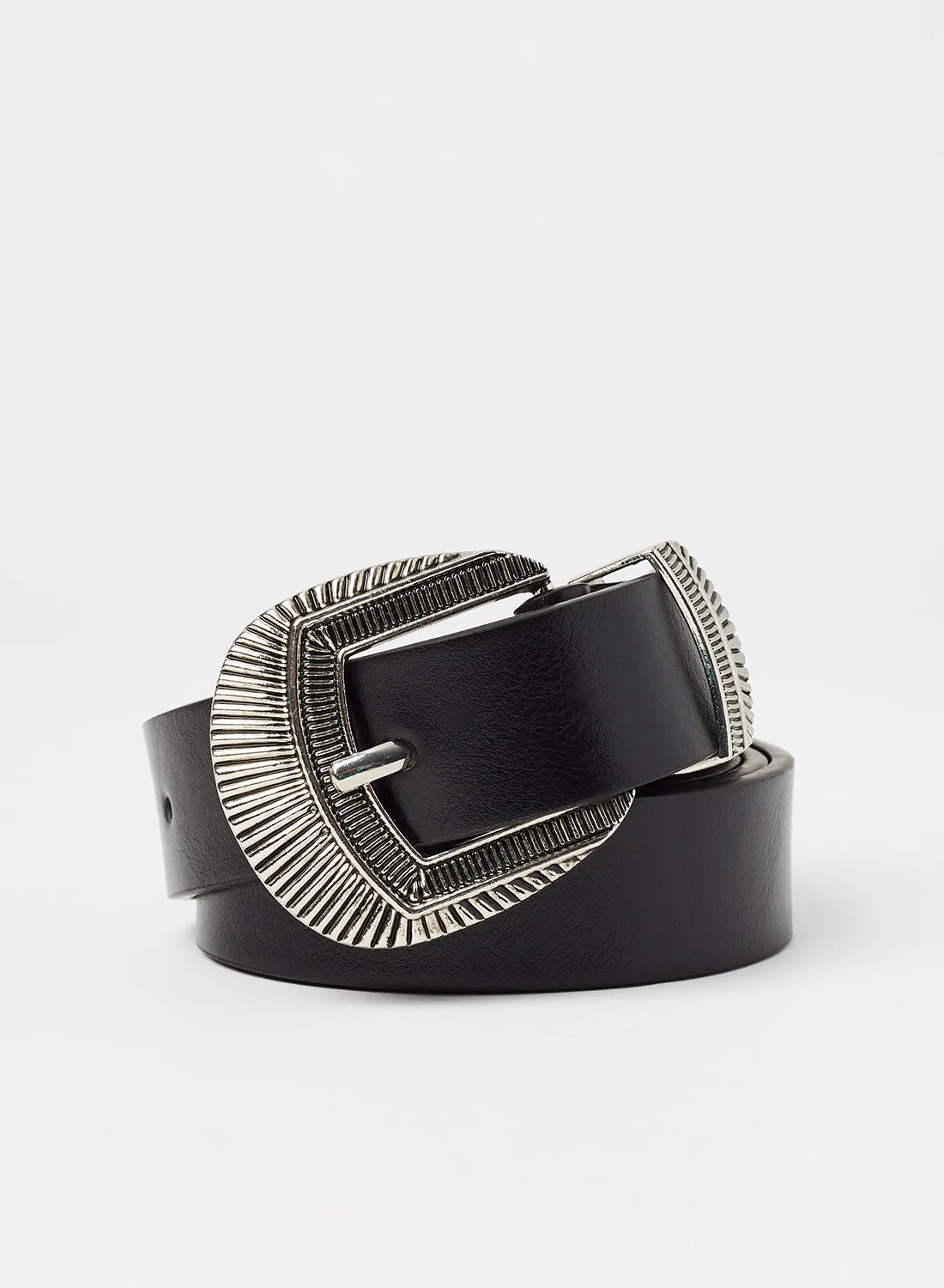 Reserved Textured Buckle Faux Leather Belt Black