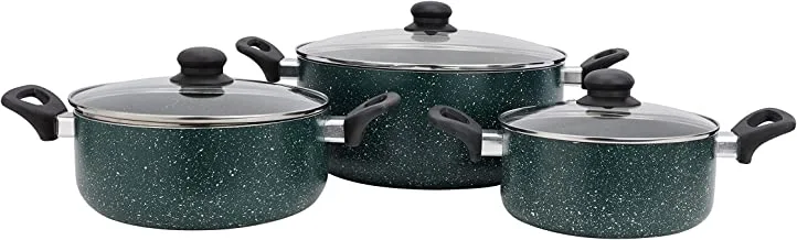 RoyalFord 6 Piece Blue Granite Cookware Set RF10243Granite coated Aluminum Cookware Induction Base Glass Lid, Multicolor Assorted Pack