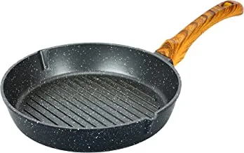 Royalford Round Grill Pan, Granite Coated Die-Cast Aluminium, RF10765 | 2 Pouring Spouts | 24cm Non-Stick Cookware Fry Pan | Strong Wood-finish Bakelite Handle | 4mm Thickness, Multicolor