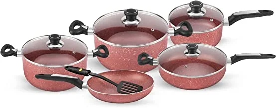 RoyalFord 10 Piece Red Granite Cookware Set RF10244Granite coated Aluminum Cookware Induction Base Glass Lid, Multicolor