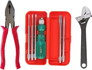 Suzec Johnson Basic Home Kit Combination Plier & 5-Pieces Screwdriver Kit (Multicolour) & Vanadium Steel Adjustable Wrench (Silver, 300 Mm)