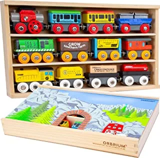 Orbrium Toys 12 (20 قطعة) عربات قطار خشبية للأطفال + غطاء صندوق خشبي مزدوج الاستخدام / مجموعة قطار خشبي نفق لعبة قطارات متوافقة مع Thomas Wooden Railway ، Brio ، ORB-TS-A103