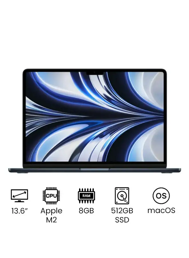 شاشة Apple MacBook Air مقاس 13.6 بوصة وشريحة Apple M2 مع وحدة معالجة مركزية ثماني النواة ووحدة معالجة رسومات 10 أنوية ومحرك أقراص مزود بذاكرة مصنوعة من مكونات صلبة (SSD) بسعة 512 جيجابايت / وبطاقة رسومات Intel UHD - إنجليزي / عربي منتصف الليل