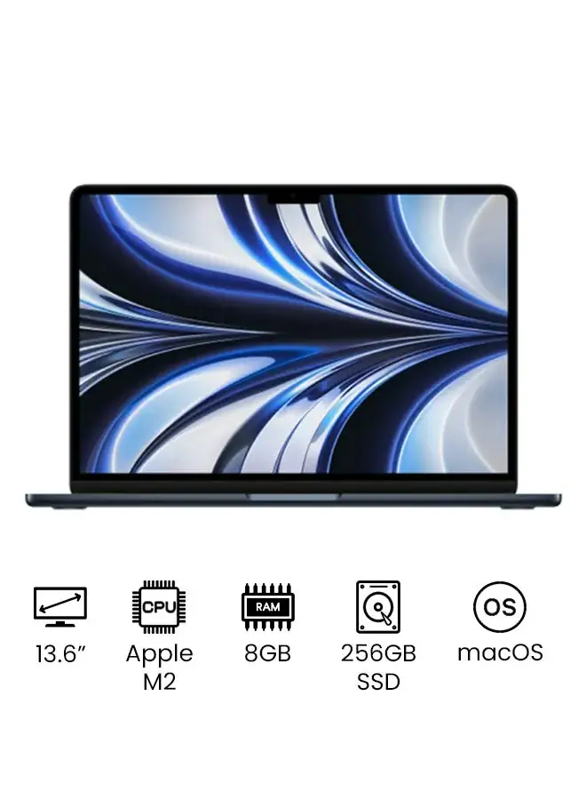 شاشة Apple MacBook Air مقاس 13.6 بوصة وشريحة Apple M2 مع وحدة معالجة مركزية ثماني النواة ووحدة معالجة رسومات ثماني النواة ومحرك أقراص صلبة سعة 256 جيجابايت / وبطاقة رسومات إنتل فائقة الدقة باللغتين الإنجليزية والعربية منتصف الليل