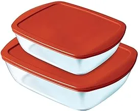 بايركس كوك وتخزين أطباق مستطيلة لتخزين الطعام بغطاء مكون من قطعتين ، شفاف / أحمر