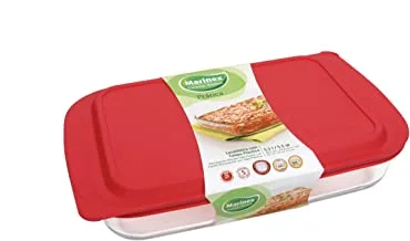 Lancaster Colony Marinex Deep Rectangular Glass Roasting Dish with Red Plastic Lid, 15-7/8-Inch by 9-3/4-Inch by 2-3/4-Inch