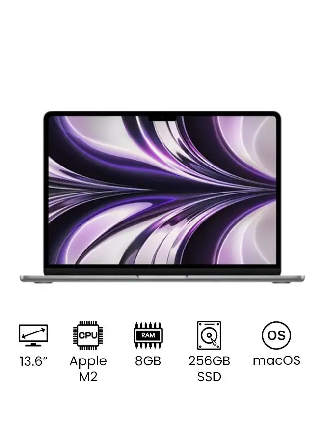 شاشة Apple MacBook Air مقاس 13.6 بوصة وشريحة Apple M2 مع وحدة معالجة مركزية ثماني النواة ووحدة معالجة رسومات 8 أنوية ومحرك أقراص صلبة سعة 256 جيجابايت / وبطاقة رسومات Intel UHD الإنجليزية / رمادي فلكي عربي