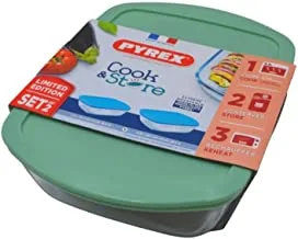 pyrex Cook and Store Food Storage Rectangular Dishes with Lid 2-Pieces Set, Green/Clear, 913299