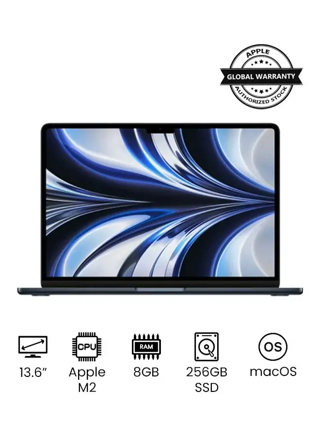 Apple MacBook Air MLY33 13-Inch Display : Apple M2 chip with 8-core CPU and 8-core GPU, 256GB SSD, English Arabic Keyboard Midnight