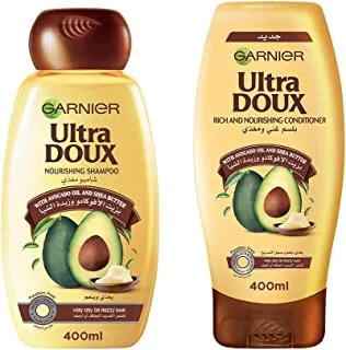 Garnier Ultra Doux Avocado Oil and Shea Butter Shampoo, 400 ml with Avocado Oil and Shea Butter Conditioner, 400 ml - Pack of 1